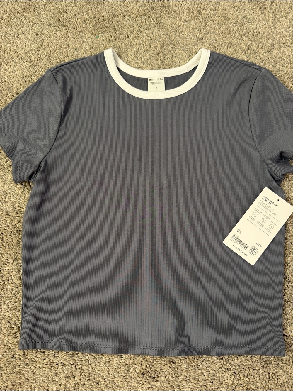 Athleta NWT Signature Ribbed Crop Tee, gray with white trim, Lg